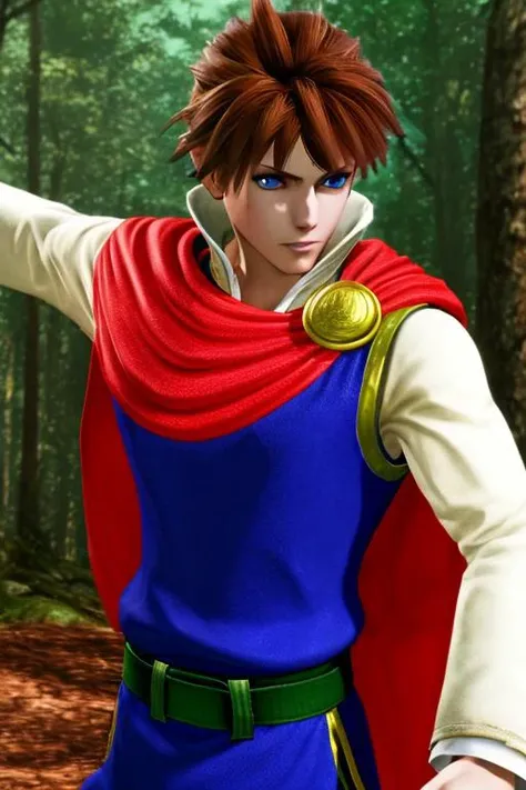 masterpiece, best quality, bartz klauser, brown hair, short hair, blue eyes, blue shirt, red cape, green belt, solo, forest, <lora:Bartz:0.8>