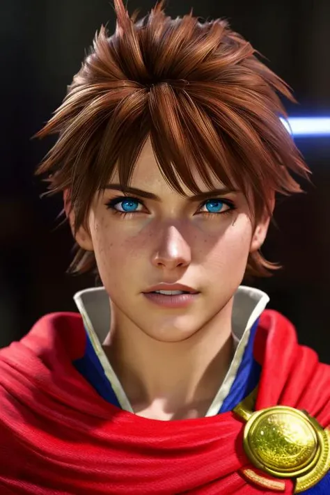masterpiece, best quality, bartz klauser, brown hair, short hair, blue eyes, blue shirt, red cape, green belt, photorealistic lights, cinematic lighting, ultra detail texture, ultra detail hair, ultra detail face, perfect eyes, hyperrealistic paiting, fantastic realism, <lora:Bartz:0.7>