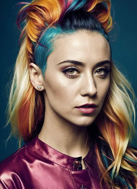 portrait of sks woman by Flora Borsi, style by Flora Borsi, bold, bright colours, rainbow Mohawk haircut, ((Flora Borsi)), <lora:locon_stellamaeve_v1_from_v1_64_32:1>