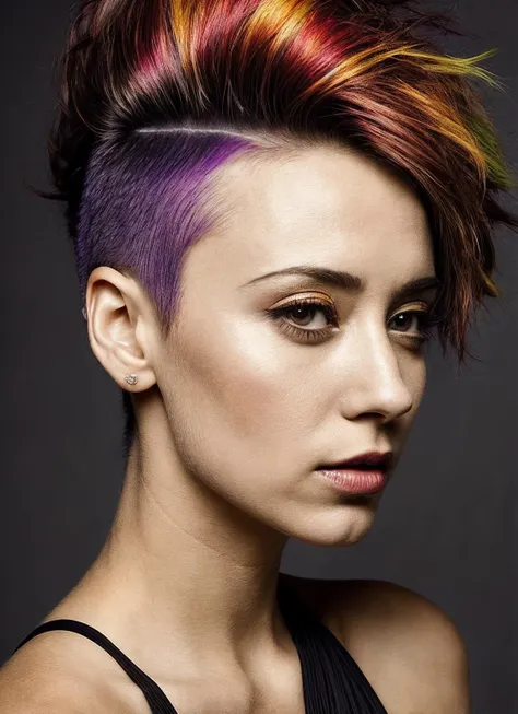 portrait of sks woman by Flora Borsi, style by Flora Borsi, bold, bright colours, rainbow Mohawk haircut, ((Flora Borsi)), <lora:locon_stellamaeve_v1_from_v1_64_32:1>