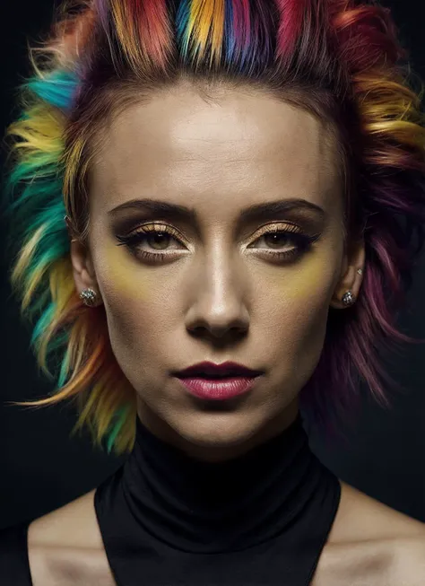 portrait of sks woman by Flora Borsi, style by Flora Borsi, bold, bright colours, rainbow Mohawk haircut, ((Flora Borsi)), <lora:locon_stellamaeve_v1_from_v1_64_32:1>