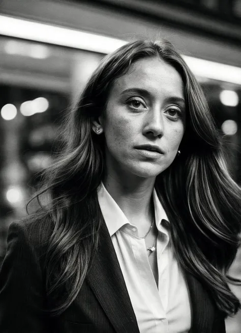 candid RAW close up portrait photo of sks woman in a (purple colored suit:1.0) on a dark street with shopping windows (at night:1.2), bokeh, Ilford Delta 3200 film, dof, high definition, detailed, intricate, flashlight, <lora:locon_stellamaeve_v1_from_v1_64_32:1>