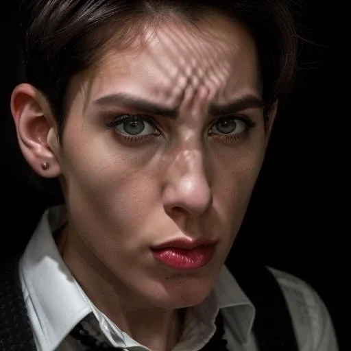 Black and white portrait of an androgynous person with short dark hair wearing suspenders and a collared shirt. Dramatic lighting and chiaroscuro style inspired by the works of Caravaggio,zoolanderFace, slightly puckered lips, defined cheekbones,<lora:zoolanderFaceTest2-000006:1>