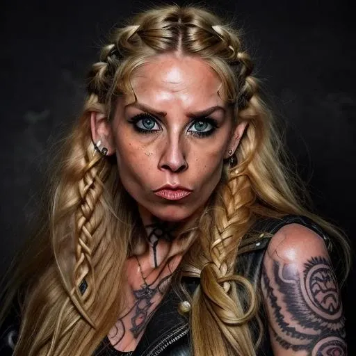 A 3/4 view portrait of a tough, gritty-looking biker woman with long blonde hair in messy braids, dark eyeliner, and a sleeve tattoo on her arm. Photographic lighting, high contrast,zoolanderFace, slightly puckered lips, defined cheekbones,<lora:zoolanderFaceTest2-000006:1.5>