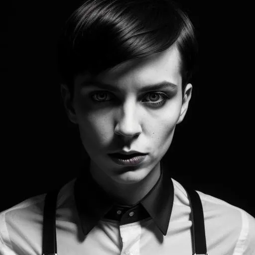 Black and white portrait of an androgynous person with short dark hair wearing suspenders and a collared shirt. Dramatic lighting and chiaroscuro style inspired by the works of Caravaggio,zoolanderFace, slightly puckered lips, defined cheekbones,<lora:zoolanderFaceTest2-000006:1.25>