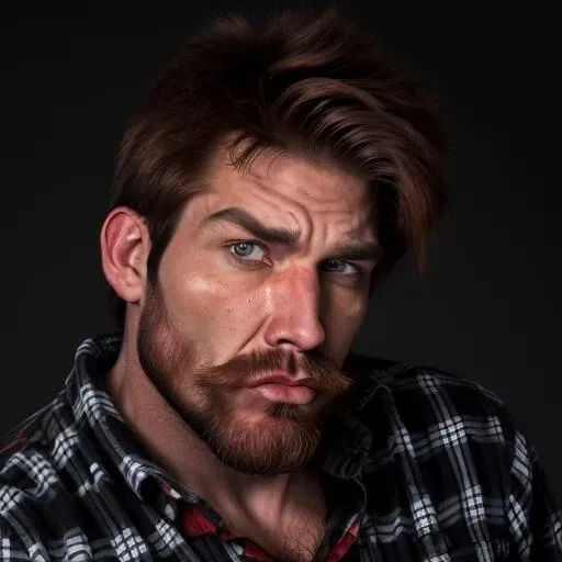 A bearded lumberjack man with a red flannel shirt, muscular build, scruffy facial hair, and brooding look. Photorealistic black and white photograph, high contrast,zoolanderFace, slightly puckered lips, defined cheekbones,<lora:zoolanderFaceTest2-000006:1>