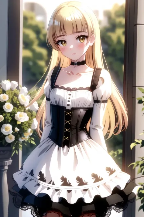 corset,, (((masterpiece, best quality, ultra-detailed, ray tracing))), deph of field, (perfect face, detailed face),shiny eyes, fair skin,((high quality face, soft skin )), (collarbone, cinematic light, cinematic shadow),, (Dark Brown skirt(transparent:1.2):1.0), (Bent over:0.7), Pantyhose, Bra, (White flowers print :1.3), <lora:Tiara Royal:1>, tiara royal, blonde hair yellow eyes, long hair, small breasts,