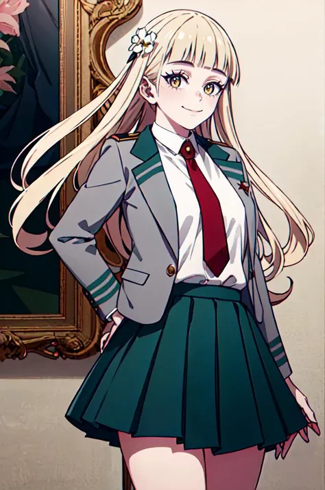 smile, cowboy shot, <lora:tiara_royal_ivy_V2:0.9> tiara royal ivy, yellow eyes, blonde hair, long hair, blunt bangs, hair bow, hair flower, <lora:attire_uauniforms:1> u.a. school uniform, grey jacket, red necktie, green skirt,, absurdres, ultra detailed, masterpiece, best quality, aesthetic, detailed,