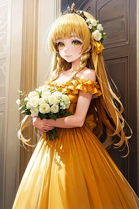 smile, cowboy shot, <lora:tiara_royal_ivy_V2:0.95> tiara royal ivy, yellow eyes, blonde hair, long hair, blunt bangs, hair bow, hair flower, yellow dress, bare shoulders, <lora:ishikeiV71:1>, absurdres, ultra detailed, masterpiece, best quality, aesthetic, detailed,