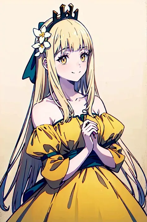 smile, cowboy shot, <lora:tiara_royal_ivy_V2:0.8> tiara royal ivy, yellow eyes, blonde hair, long hair, blunt bangs, hair bow, hair flower, yellow dress, bare shoulders, <lora:yoshida_akihiko_offset:1> yoshida akihiko,, absurdres, ultra detailed, masterpiece, best quality, aesthetic, detailed,