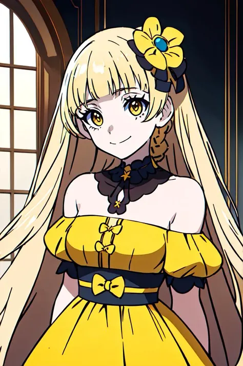 smile, cowboy shot, <lora:tiara_royal_ivy_V2:0.9> tiara royal ivy, yellow eyes, blonde hair, long hair, blunt bangs, hair bow, hair flower, yellow dress, bare shoulders, <lora:Sugimori_Ken_Style_v3:0.5>, absurdres, ultra detailed, masterpiece, best quality, aesthetic, detailed,