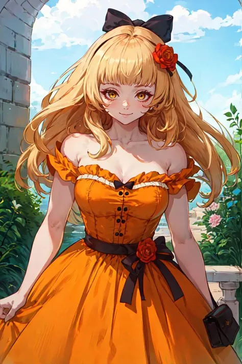 smile, cowboy shot,  <lora:tiara_royal_ivy_V2:0.9> tiara royal ivy, yellow eyes, blonde hair, long hair, blunt bangs, hair bow, hair flower, yellow dress, bare shoulders,  <lora:tezy8 - Tezy8 Style:0.7> tezy8,, absurdres, ultra detailed, masterpiece, best quality, aesthetic, detailed,