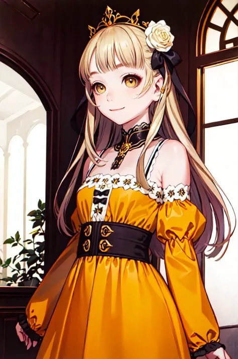 smile, cowboy shot, <lora:tiara_royal_ivy_V2:0.95> tiara royal ivy, yellow eyes, blonde hair, long hair, blunt bangs, hair bow, hair flower, yellow dress, bare shoulders, <lora:Range_murata_style_v02:0.8>, absurdres, ultra detailed, masterpiece, best quality, aesthetic, detailed,