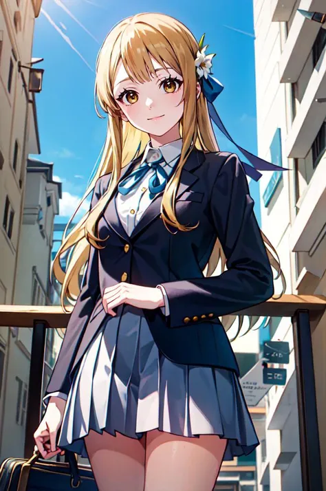 smile, cowboy shot,  <lora:tiara_royal_ivy_V2:0.9> tiara royal ivy, yellow eyes, blonde hair, long hair, blunt bangs, hair bow, hair flower,  <lora:SakuragaokaHighSchoolUniform:1> SakuragaokaWinter, sakuragaoka high school uniform, blue blazer, long sleeves, neck ribbon, grey skirt,, absurdres, ultra detailed, masterpiece, best quality, aesthetic, detailed,
