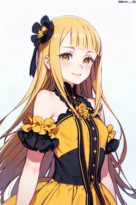 smile, cowboy shot, <lora:tiara_royal_ivy_V2:0.95> tiara royal ivy, yellow eyes, blonde hair, long hair, blunt bangs, hair bow, hair flower, yellow dress, bare shoulders, <lora:kuroboshi_kouhaku_style_v01:1>, absurdres, ultra detailed, masterpiece, best quality, aesthetic, detailed,