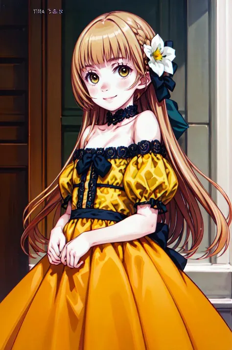 smile, cowboy shot,  <lora:tiara_royal_ivy_V2:0.9> tiara royal ivy, yellow eyes, blonde hair, long hair, blunt bangs, hair bow, hair flower, yellow dress, bare shoulders,  <lora:Focke_wulf_style_v02:1>, absurdres, ultra detailed, masterpiece, best quality, aesthetic, detailed,
