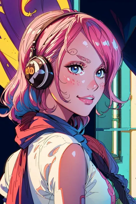 ultra realistic 8k cg, masterpiece, ((ultra detailed background, delicate pattern, intricate detail)), (highly detailed, fine details), best quality, 1girl, (photorealistic:1.4),beautiful lighting, absurdres, RAW photo, film grain, ((medium breasts, slim girl)), Reiju, 1girl, solo, pink hair, hair over one eye, blue eyes, medium breasts, short hair, cleavage, smile, tattoo, hairband, dress, scarf, headphones, gloves, detailed eyebrows, twirly eyebrows, (complex detailed background, inside, room environment, bedroom, posters, window, cowboy shot, slim girl, from behind), <lora:BeautifulDetailedEyes:0.4>, <lora:DetailTweaker:0.5>, <lora:Reiju10:0.8>