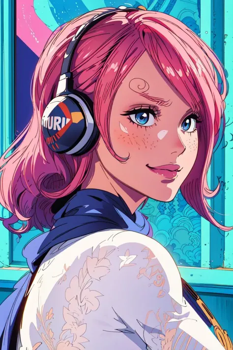 ultra realistic 8k cg, masterpiece, ((ultra detailed background, delicate pattern, intricate detail)), (highly detailed, fine details), best quality, 1girl, (photorealistic:1.4),beautiful lighting, absurdres, RAW photo, film grain, ((medium breasts, slim girl)), Reiju, 1girl, solo, pink hair, hair over one eye, blue eyes, medium breasts, short hair, cleavage, smile, tattoo, hairband, dress, scarf, headphones, gloves, detailed eyebrows, twirly eyebrows, (complex detailed background, inside, room environment, bedroom, posters, window, cowboy shot, slim girl, from behind), <lora:BeautifulDetailedEyes:0.4>, <lora:DetailTweaker:0.5>, <lora:Reiju10:0.8>