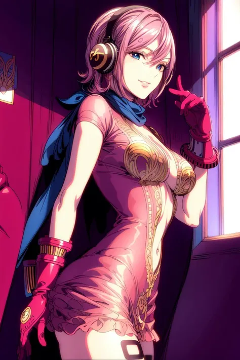 ultra realistic 8k cg, masterpiece, ((ultra detailed background, delicate pattern, intricate detail)), (highly detailed, fine details), best quality, 1girl, (photorealistic:1.4),beautiful lighting,  absurdres, RAW photo, film grain, ((medium breasts, slim girl)), Reiju, 1girl, solo, pink hair, hair over one eye, blue eyes, medium breasts, short hair, cleavage, smile, tattoo, hairband, dress, scarf, headphones, gloves, (complex detailed background, inside, room environment, bedroom, posters, window, cowboy shot, slim girl, from behind), <lora:BeautifulDetailedEyes:0.4>,  <lora:DetailTweaker:0.5>,  <lora:Reiju10:0.8>
