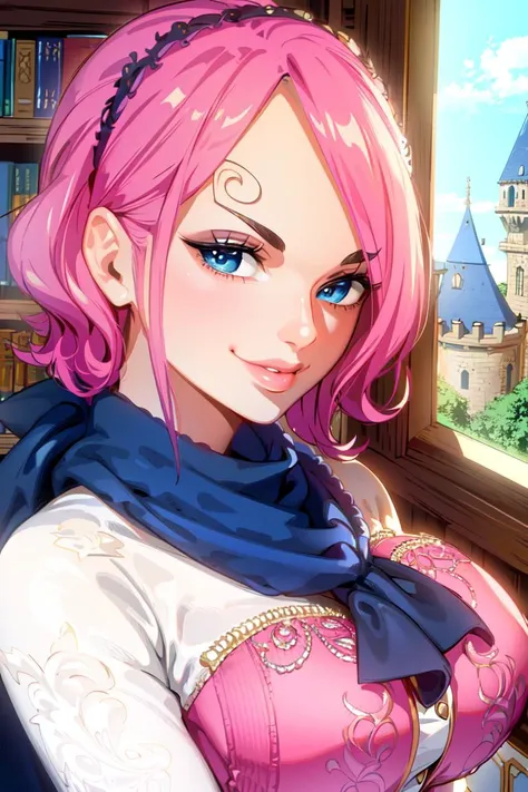 masterpiece, ((ultra detailed background, delicate pattern, intricate detail)), (highly detailed, fine details), best quality, ((medium breasts, slim girl)), ReijuV2, 1girl, solo, pink hair, hair over one eye, blue eyes, short hair, smile, tattoo, pink dress, cpae, scarf, (complex detailed background, inside, castle room environment, medieval castle, gray walls, window, bookshelf), (((twirly eyebrows, swirl-shaped eyebrows))), ((close-up, portrait, clear skin)),  <lora:ReijuV2:0.8>
