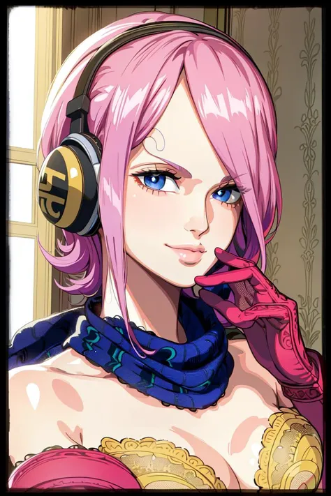 ultra realistic 8k cg, masterpiece, ((ultra detailed background, delicate pattern, intricate detail)), (highly detailed, fine details), best quality, 1girl, (photorealistic:1.4),beautiful lighting, absurdres, RAW photo, film grain, ((medium breasts, slim girl)), ReijuV2, 1girl, solo, pink hair, hair over one eye, blue eyes, short hair, smile, tattoo, hairband, dress, scarf, headphones, gloves, (complex detailed background, inside, room environment, bedroom, posters, window), ((twirly eyebrows, hyperdetailed eyebrows, close-up, portrait)), <lora:ReijuV2:0.7>