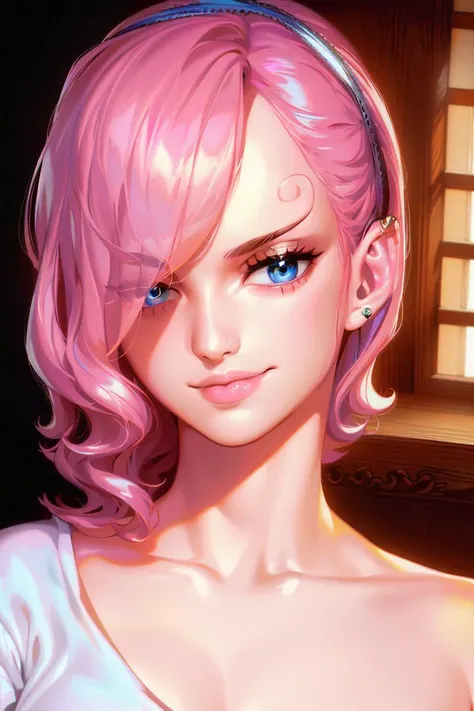 ultra realistic 8k cg, masterpiece, ((ultra detailed background, delicate pattern, intricate detail)), (highly detailed, fine details), best quality, 1girl, (photorealistic:1.4),beautiful lighting, absurdres, RAW photo, film grain, ((medium breasts, slim girl)), ReijuV2, 1girl, solo, pink hair, hair over one eye, blue eyes, short hair, smile, tattoo, hairband, (white T-shirt, simple T-shirt, jeans), (complex detailed background, inside, room environment, bedroom, posters, window), (((twirly eyebrows, swirl-shaped eyebrows))), ((close-up, portrait)), licking lips, <lora:ReijuV2:0.7>