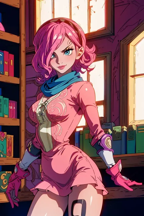 masterpiece, ((ultra detailed background, delicate pattern, intricate detail)), (highly detailed, fine details), best quality, ((medium breasts, slim girl)), ReijuV2, 1girl, solo, pink hair, hair over one eye, blue eyes, short hair, smile, tattoo, pink dress, cpae, scarf, gloves, hairband, (complex detailed background, inside, castle room environment, medieval castle, gray walls, window, bookshelf), (((twirly eyebrows, swirl-shaped eyebrows))), ((cowboy shot)),  <lora:ReijuV2:0.85>