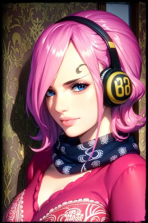 ultra realistic 8k cg, masterpiece, ((ultra detailed background, delicate pattern, intricate detail)), (highly detailed, fine details), best quality, 1girl, (photorealistic:1.4),beautiful lighting, absurdres, RAW photo, film grain, ((medium breasts, slim girl)), ReijuV2, 1girl, solo, pink hair, hair over one eye, blue eyes, short hair, smile, tattoo, hairband, dress, scarf, headphones, gloves, (complex detailed background, inside, room environment, bedroom, posters, window), ((twirly eyebrows, hyperdetailed eyebrows, close-up, portrait)), <lora:ReijuV2:0.8>