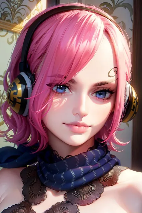 ultra realistic 8k cg, masterpiece, ((ultra detailed background, delicate pattern, intricate detail)), (highly detailed, fine details), best quality, 1girl, (photorealistic:1.4),beautiful lighting,  absurdres, RAW photo, film grain, ((medium breasts, slim girl)), ReijuV2, 1girl, solo, pink hair, hair over one eye, blue eyes, short hair, smile, tattoo, hairband, dress, scarf, headphones, gloves, (complex detailed background, inside, room environment, bedroom, posters, window), ((twirly eyebrows, hyperdetailed eyebrows, close-up, portrait)),  <lora:ReijuV2:0.7>