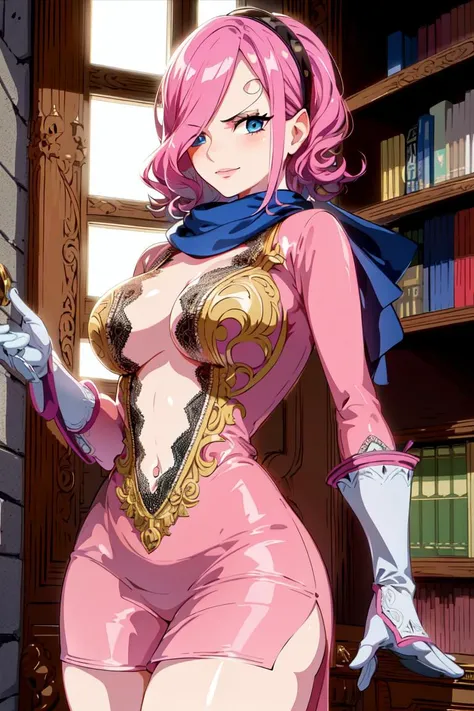 masterpiece, ((ultra detailed background, delicate pattern, intricate detail)), (highly detailed, fine details), best quality, ((medium breasts, slim girl)), ReijuV2, 1girl, solo, pink hair, hair over one eye, blue eyes, short hair, smile, tattoo, pink dress, cpae, scarf, gloves, hairband, (complex detailed background, inside, castle room environment, medieval castle, gray walls, window, bookshelf), (((twirly eyebrows, swirl-shaped eyebrows))), ((cowboy shot)), <lora:ReijuV2:0.8>