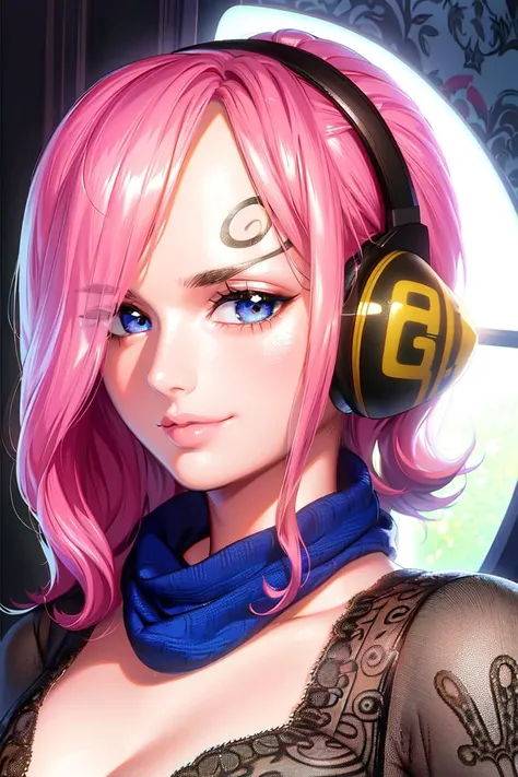 ultra realistic 8k cg, masterpiece, ((ultra detailed background, delicate pattern, intricate detail)), (highly detailed, fine details), best quality, 1girl, (photorealistic:1.4),beautiful lighting, absurdres, RAW photo, film grain, ((medium breasts, slim girl)), ReijuV2, 1girl, solo, pink hair, hair over one eye, blue eyes, short hair, smile, tattoo, hairband, dress, scarf, headphones, gloves, (complex detailed background, inside, room environment, bedroom, posters, window), ((twirly eyebrows, hyperdetailed eyebrows, close-up, portrait)), <lora:ReijuV2:0.8>