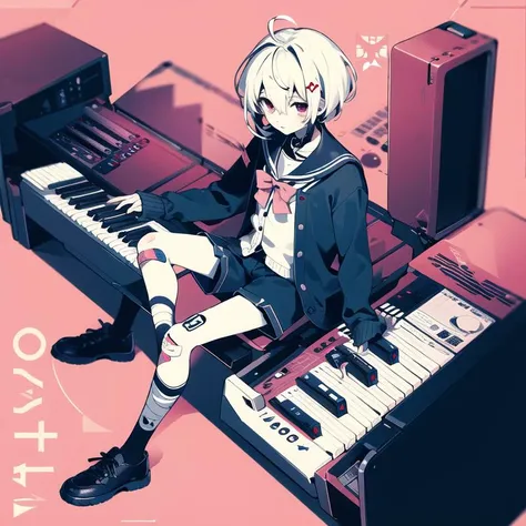 masterpiece, best quality, 1girl, solo, looking_at_viewer, short_hair, shirt, red_eyes, long_sleeves, 1boy, school_uniform, full_body, male_focus, shoes, shorts, socks, pink_eyes, sailor_collar, bandages, pink_background, cardigan, instrument, bandaid, bandaid_on_face, guitar, bandaged_leg, bandaid_on_leg, electric_guitar, barcode, piano, keyboard_(instrument), pill, barcode_tattoo, teruterubouzu,<lora:nouArtStyleLora_v10:1>