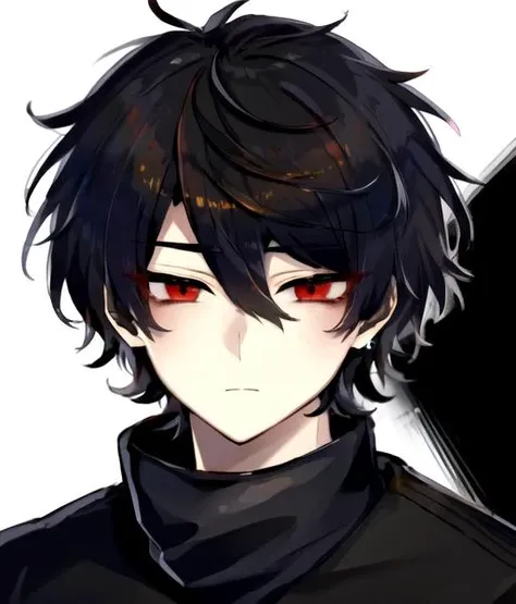 1boy, solo, black hair, narrowed eyes,pixie cut, fair skin, messy hair, shaggy hair, hair between eyes, Bags under eyes, <lora:bags under eyes:0.8>, deadpan, expressionless, red eyes, earrings,black clothes, turtleneck, <lora:nouV2:1>, <lora:Tsurime3:1.4>tsurime