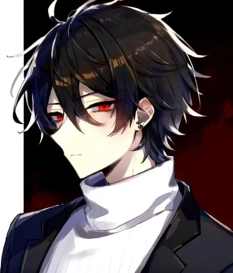 1boy, solo, black hair, narrowed eyes,pixie cut, fair skin, messy hair, shaggy hair, hair between eyes, Bags under eyes,  <lora:bags under eyes:0.8>, deadpan, expressionless, red eyes, earrings,black clothes, turtleneck,  <lora:nouV2:1>,  <lora:Tsurime3:1.4>tsurime