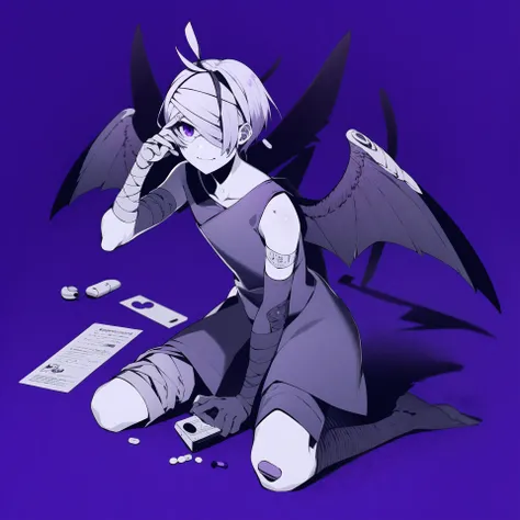 masterpiece, best quality, 1girl, solo, looking_at_viewer, smile, short_hair, 1boy, sitting, purple_eyes, monochrome, male_focus, wings, hair_over_one_eye, blood, bandages, bandaid, purple_background, bandaged_leg, syringe, bandage_over_one_eye, pill, bandaged_head, intravenous_drip, <lora:nouV2-000008:1>