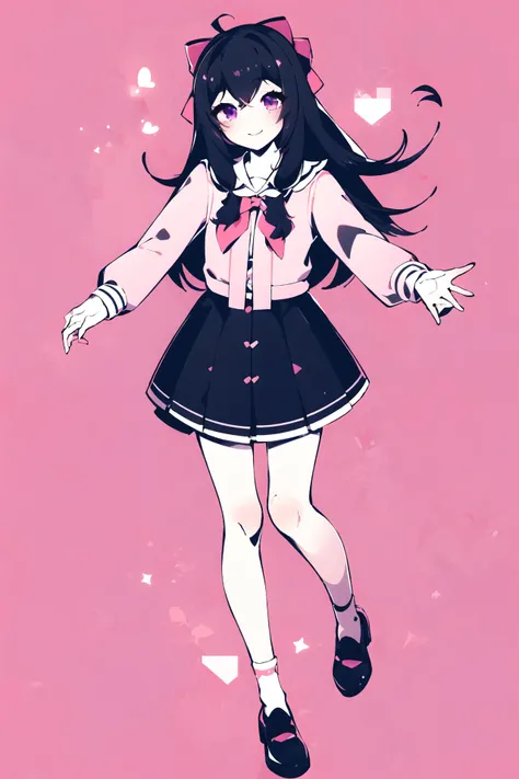 masterpiece, best quality, 1girl, solo, upper body, long_hair, looking_at_viewer, smile, bangs, skirt, simple_background, shirt, black_hair, long_sleeves, bow, long hair, monochrome, hair_bow, heart, frills, shoes, bowtie, pink_eyes, heart-shaped_pupils, pink_background, pink_shirt, arms behind back, jirai_kei, <lora:nouV2:1>, closed mouth, pink hair, pink hair bow, neckerchief, dynamic pose, black skirt, <lora:jiaranV23:0.8>, jiaran, reaching towards viewer, selfie