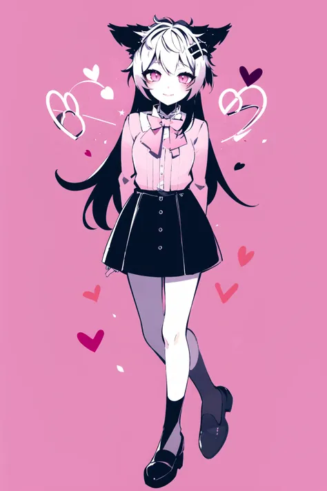 masterpiece, best quality, 1girl, solo, long_hair, looking_at_viewer, smile, bangs, skirt, simple_background, shirt, black_hair, long_sleeves, bow, long hair, monochrome, hair_bow, heart, frills, shoes, bowtie, pink_eyes, heart-shaped_pupils, pink_background, pink_shirt, arms behind back, jirai_kei, <lora:nouV2:1>, closed mouth, <lora:arknightsLappland_v20:1>