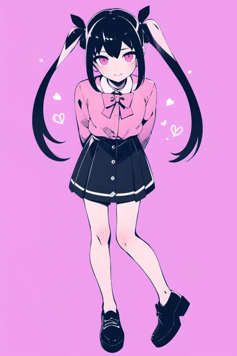 masterpiece, best quality, 1girl, solo, long_hair, looking_at_viewer, smile, bangs, skirt, simple_background, shirt, black_hair, long_sleeves, bow, twintails, monochrome, hair_bow, heart, frills, shoes, bowtie, pink_eyes, bra, heart-shaped_pupils, pink_background, pink_shirt, arms behind back, jirai_kei, <lora:nouV2:1>, closed mouth,