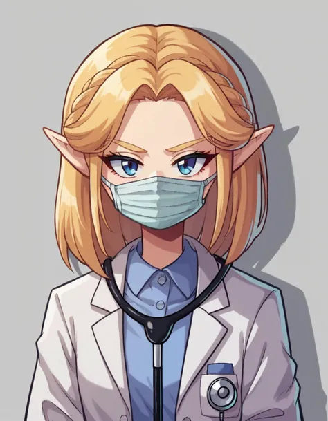 zPDXL, score_9, score_8_up, score_7_up, source_anime, 1girl, solo,
 <lora:PringleDingle_v2-15:1> pringus,, Zelda, blonde hair, expressionless, bras d'honneur, doctor wearing a white lab coat, slacks, loafers, stethoscope,surgical mask