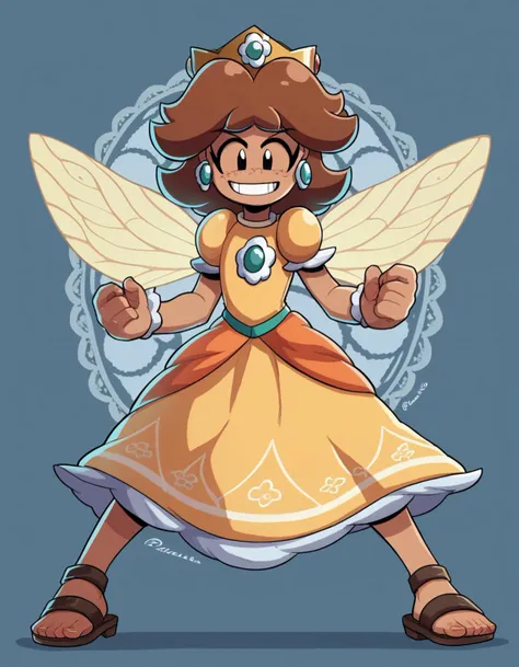zPDXL, score_9, score_8_up, score_7_up, source_anime, 1girl, solo,
<lora:PringleDingle_v2-15:1> pringus, Princess Daisy, brown hair, medium hair, freckles, tan-skinned female, grin, happy, tomboy, w arms, valkyrie wearing Feywild breastplate with enchanting glow, ethereal skirt, floral crown, fairy-winged sandals, Silk wings adorned with runic patterns, (portrait),