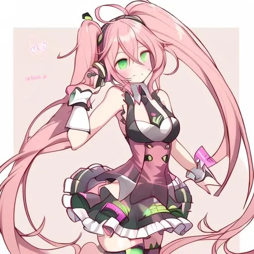 <lora:Uni_Vocaloid:1>uni_vocaloid,1girl,solo,pink hair,headphones,very long hair,side ponytail,thigh strap,ahoge,wrist cuffs,hair ornament,bare shoulders,sleeveless,green eyes,facial tattoo,black skirt,black necktie,nail polish,thighhighs,
medium breasts,pink nails,frills,detached sleeves,cleavage,short necktie,black footwear,frilled skirt,tight skirt