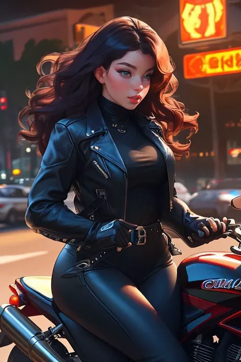 DEN_demi_rose,
(riding a motorcycle:1.2) wearing (motorbike leathers:1.2), (riding a motorbike:1.2), (driving a motorbike:1.2), (motorcycle:1.1), traffic, leather trousers, leather jacket, motorcycle boots, leather gloves,
bokeh, f1.4, 40mm, photorealistic, raw, 8k, textured skin, skin pores, intricate details <lora:epi_noiseoffset2:1>, epiCRealism <lora:ClothingAdjuster3:-1.1>