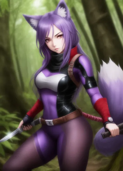 <lora:Kuroinu:1.0>, Kuroinu, 1girl, animal ears, violett eyes, violett hair, blurry, violett bodysuit, fingerless gloves, fishnets, forest, gloves, holding, holding weapon, kunai, long hair, nature, ninja, outdoors, parody, solo focus, tail, tree, weapon, wolf ears, wolf tail,
