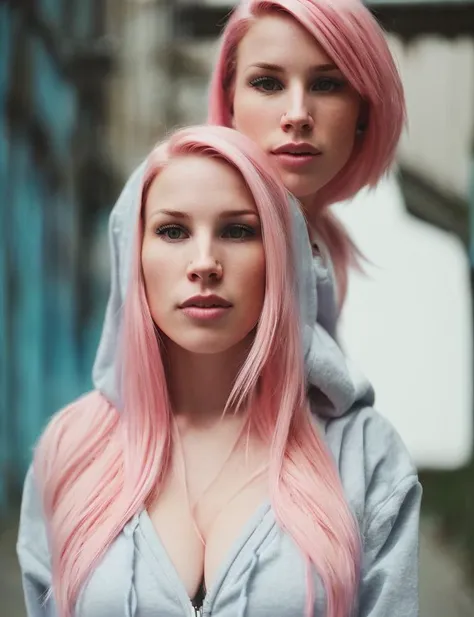 Photo of K8D, (close-up editorial photo of 20 yo woman, wearing unzipped hoodie flashing breasts, looking at viewer, pink hair, solo, tattoo on face, upper body, detailed background, town, alley) (standing:1.2) (dim lit room:1.4) <lora:epi_noiseoffset2:1.2>, POV, by lee jeffries, nikon d850, film stock photograph ,4 kodak portra 400 ,camera f1.6 lens ,rich colors ,hyper realistic ,lifelike texture, dramatic lighting , cinestill 800,