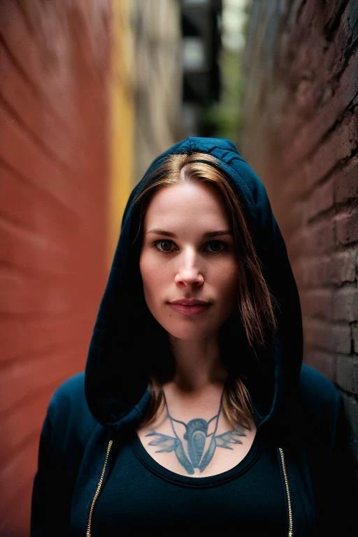 Photo of K8D, (close-up editorial photo of 30 yo woman, wearing unzipped hoodie flashing breasts, looking at viewer, emo hair, solo, tattoo on face, upper body, detailed background, town, alley) (standing:1.2) (dim lit room:1.4) <lora:epi_noiseoffset2:1.2>, POV, by lee jeffries, nikon d850, film stock photograph ,4 kodak portra 400 ,camera f1.6 lens ,rich colors ,hyper realistic ,lifelike texture, dramatic lighting , cinestill 800,