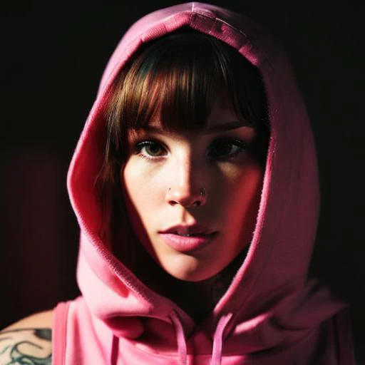 Photo of K8D, (close-up editorial photo of 20 yo woman, wearing unzipped hoodie flashing breasts, looking at viewer, emo hair, solo, tattoo on face, upper body, detailed background, town, alley) (standing:1.2) (dim lit room:1.4) <lora:epi_noiseoffset2:1.2>, POV, by lee jeffries, nikon d850, film stock photograph ,4 kodak portra 400 ,camera f1.6 lens ,rich colors ,hyper realistic ,lifelike texture, dramatic lighting , cinestill 800,