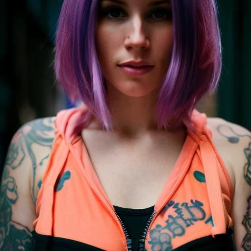 Photo of K8D, (close-up editorial photo of 30 yo woman, wearing unzipped hoodie flashing breasts, looking at viewer, emo hair, solo, tattoo on face, upper body, detailed background, town, alley) (standing:1.2) (dim lit room:1.4) <lora:epi_noiseoffset2:1.2>, POV, by lee jeffries, nikon d850, film stock photograph ,4 kodak portra 400 ,camera f1.6 lens ,rich colors ,hyper realistic ,lifelike texture, dramatic lighting , cinestill 800,