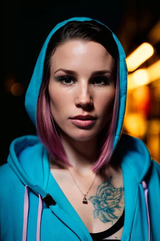 Photo of K8D, (close-up editorial photo of 30 yo woman, wearing unzipped hoodie flashing breasts, looking at viewer, emo hair, solo, tattoo on face, upper body, detailed background, town, alley) (standing:1.2) (dim lit room:1.4) <lora:epi_noiseoffset2:1.2>, POV, by lee jeffries, nikon d850, film stock photograph ,4 kodak portra 400 ,camera f1.6 lens ,rich colors ,hyper realistic ,lifelike texture, dramatic lighting , cinestill 800,