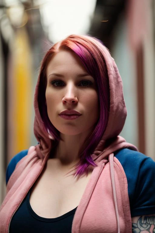 Photo of K8D, (close-up editorial photo of 30 yo woman, wearing unzipped hoodie flashing breasts, looking at viewer, emo hair, solo, tattoo on face, upper body, detailed background, town, alley) (standing:1.2) (dim lit room:1.4) <lora:epi_noiseoffset2:1.2>, POV, by lee jeffries, nikon d850, film stock photograph ,4 kodak portra 400 ,camera f1.6 lens ,rich colors ,hyper realistic ,lifelike texture, dramatic lighting , cinestill 800,