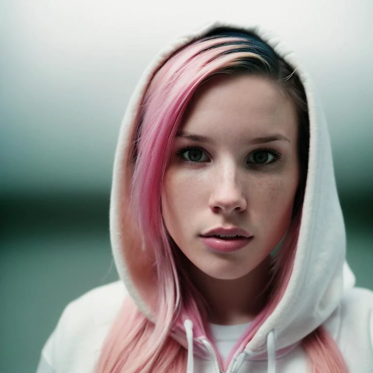 Photo of K8D, (close-up editorial photo of 20 yo woman, wearing hoodie, looking at viewer, pink hair, solo, tattoo on face, upper body, detailed background, town, alley) (standing:1.2) (dim lit room:1.4) <lora:epi_noiseoffset2:1.2>, POV, by lee jeffries, nikon d850, film stock photograph ,4 kodak portra 400 ,camera f1.6 lens ,rich colors ,hyper realistic ,lifelike texture, dramatic lighting , cinestill 800,